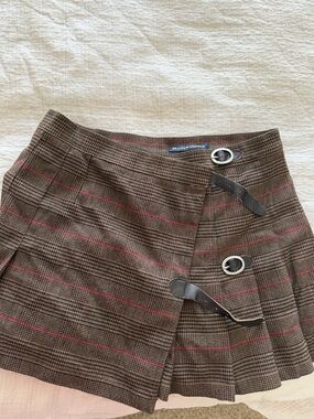 Brandy Melville Brown Plaid Mini Skirt with Red Stripe & Buckles